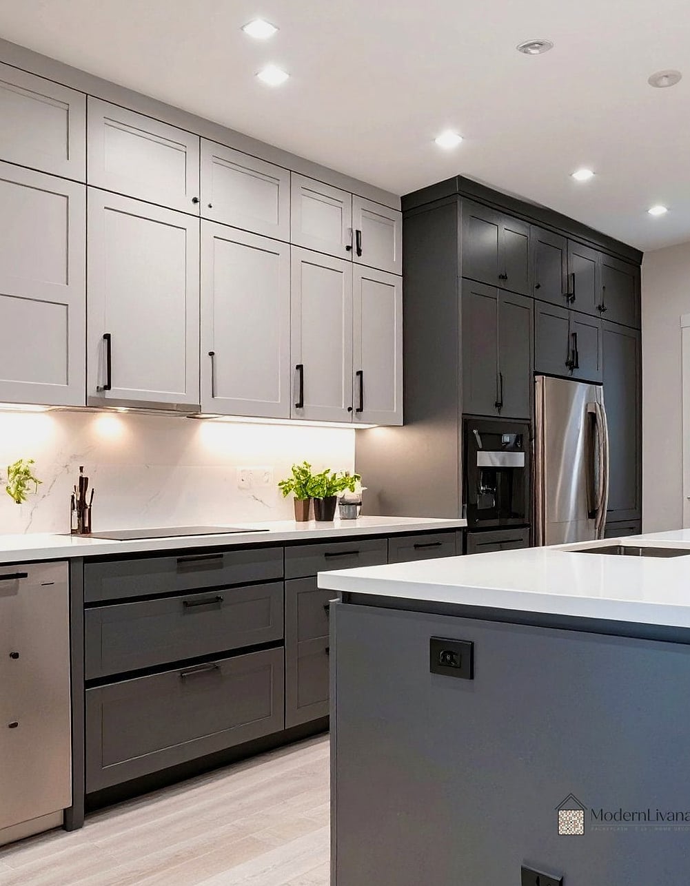 Charcoal Gray Lower Cabinets with White Uppers