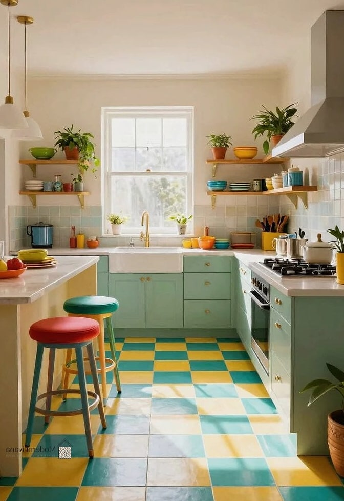 29 Colorful Kitchen Ideas That Look Expensive But Aren't 9 Checkerboard Floor in Two Colors