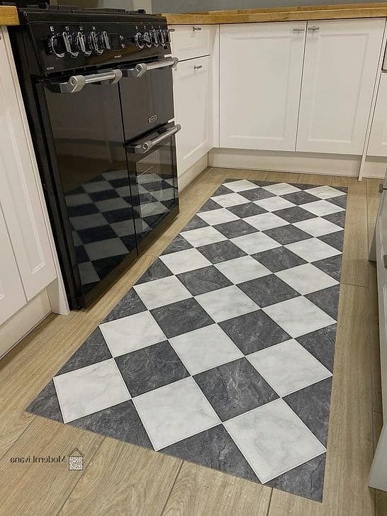 Checkered Tile Runner in a Galley Kitchen