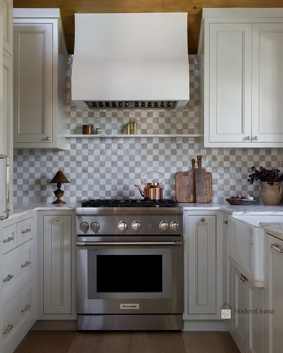 Checkered Tile Backsplash with Open Shelving