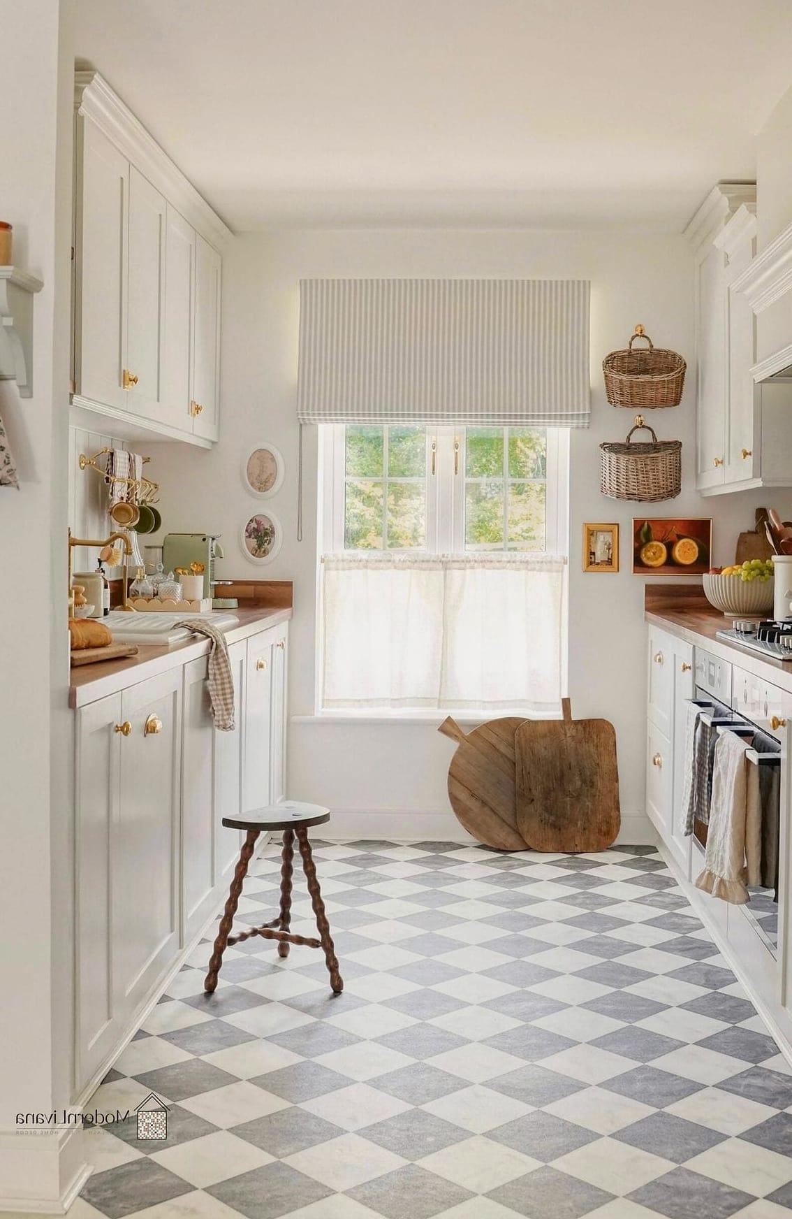 Checkered Wallpaper Above the Cabinets