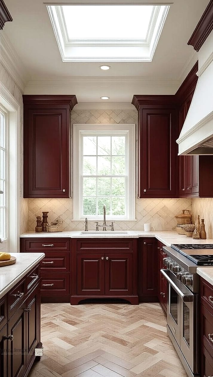 30 Cherry Kitchen Ideas That Are Stylish and Practical 28 Cherry Cabinetry with a Herringbone Wood Floor