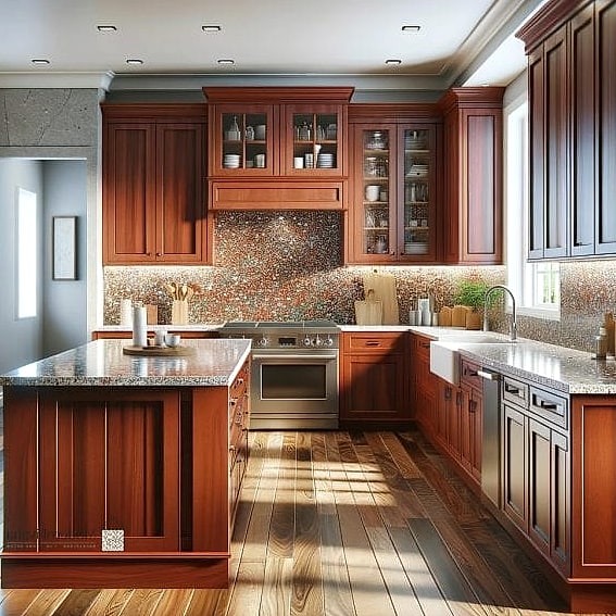 30 Cherry Kitchen Ideas That Are Stylish and Practical 17 Cherry Cabinets with Terrazzo Countertops