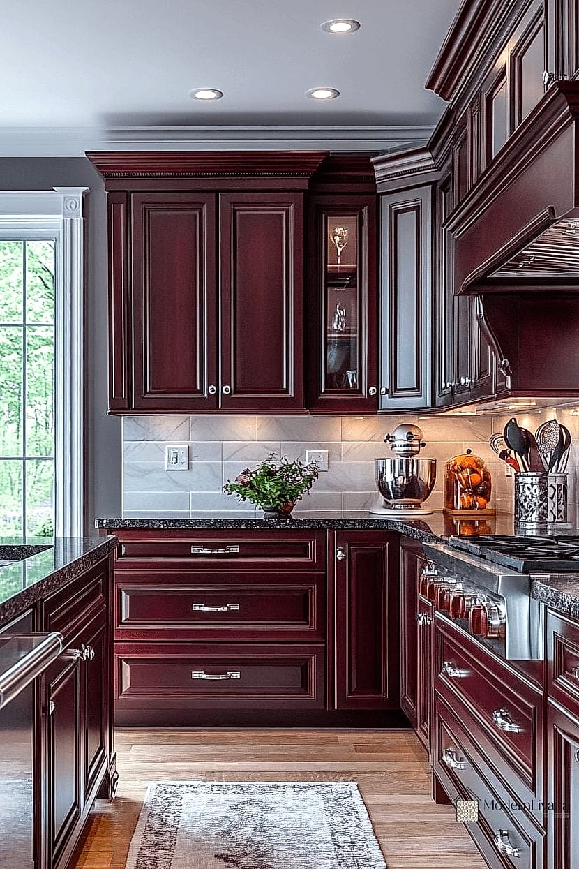 30 Cherry Kitchen Ideas That Are Stylish and Practical 23 Cherry Cabinets with a Bold Tile Backsplash