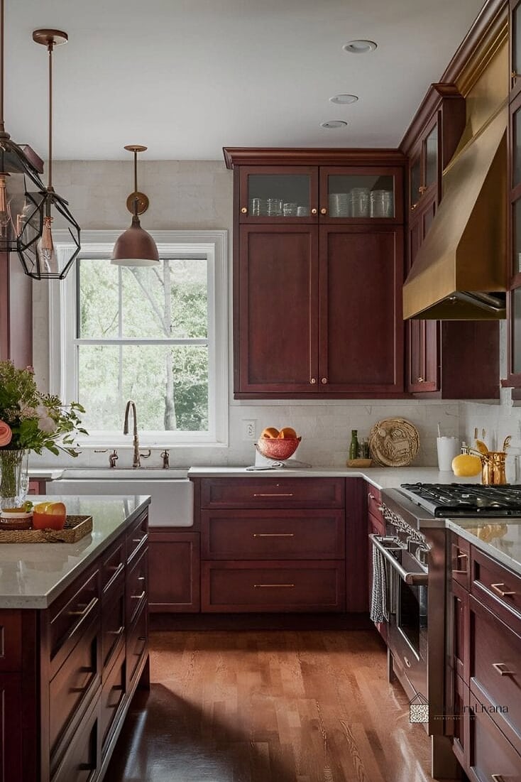 30 Cherry Kitchen Ideas That Are Stylish and Practical 27 Cherry Kitchen with a Copper Accent Sink