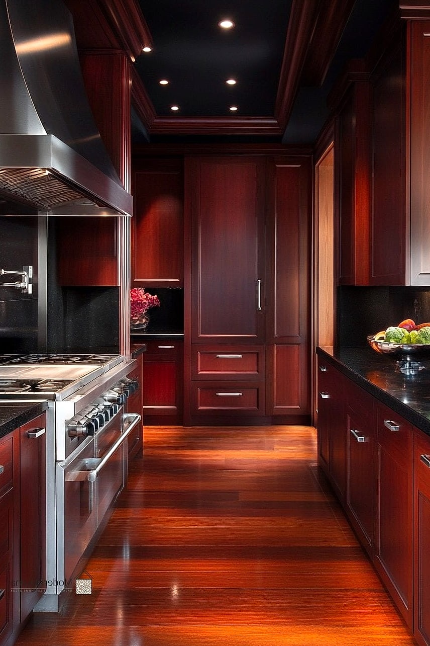 30 Cherry Kitchen Ideas That Are Stylish and Practical 11 Cherry Wood with Black Stainless Appliances