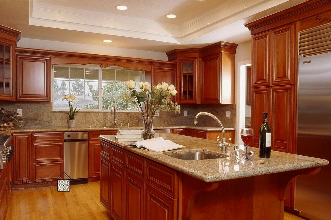 30 Cherry Kitchen Ideas That Are Stylish and Practical 31 Cherry Wood Paired with Textured Plaster Walls