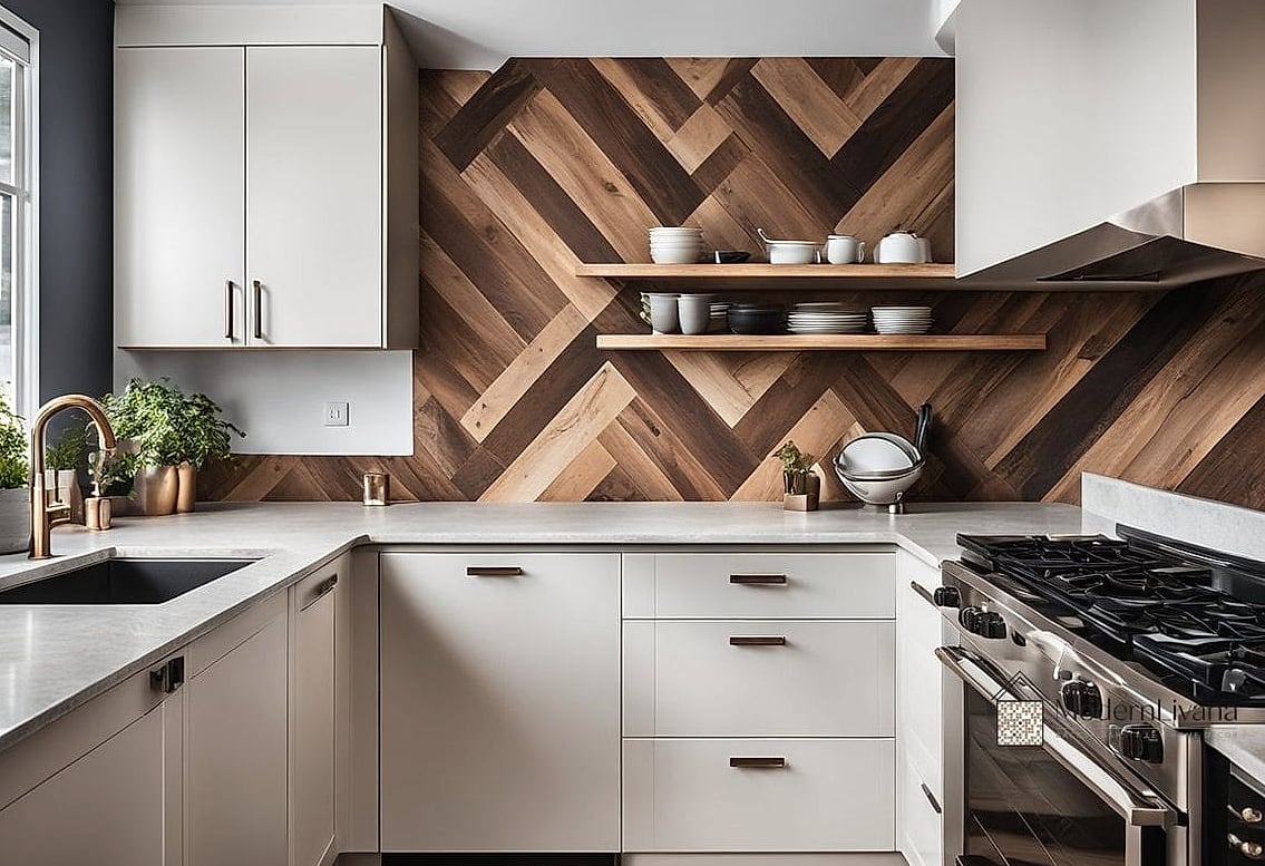 Chevron-Cut Wood Accent Wall Behind the Range