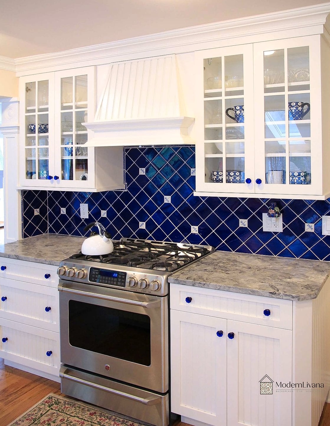 Cobalt Blue Tile with White Cabinetry