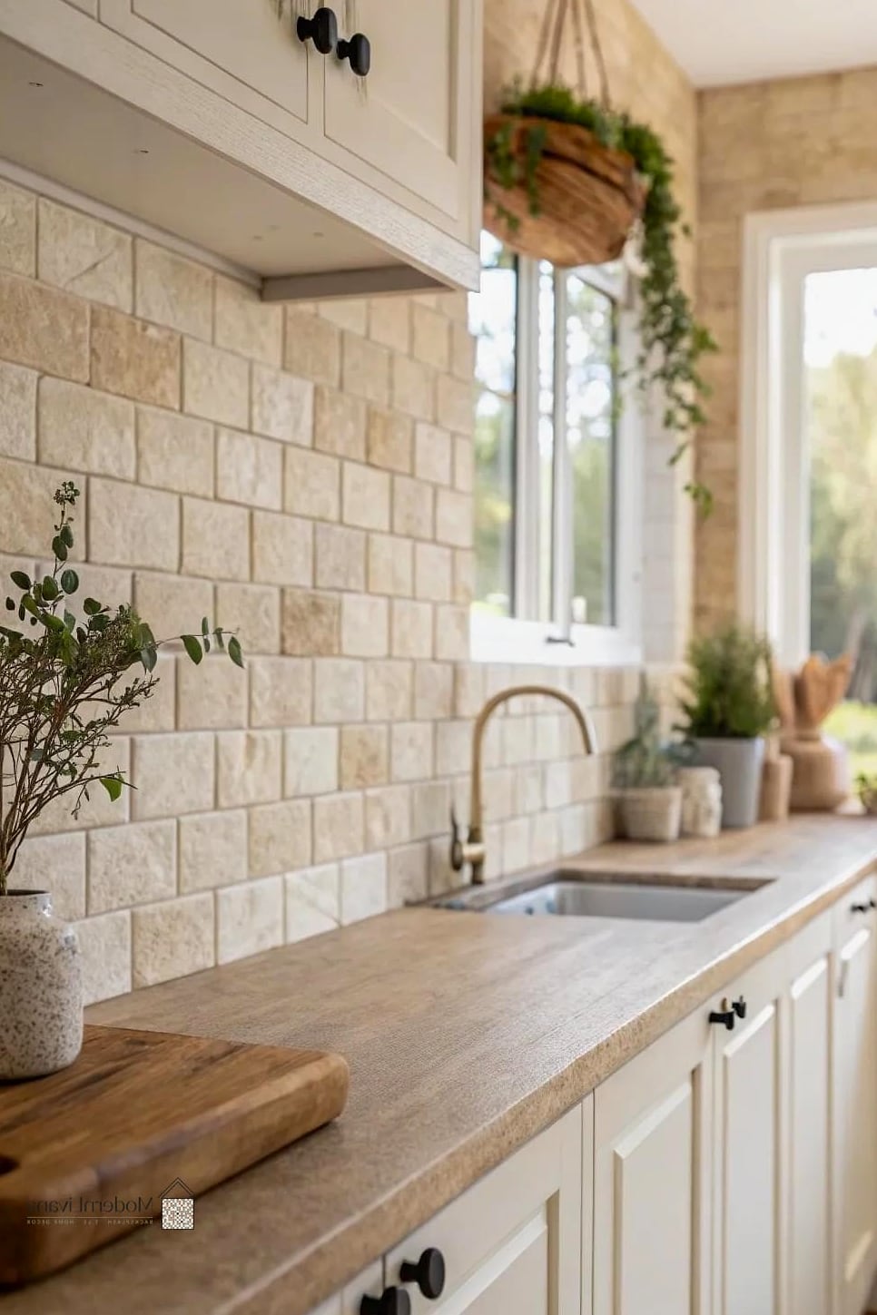 Compact Galley Kitchen Travertine Backsplash