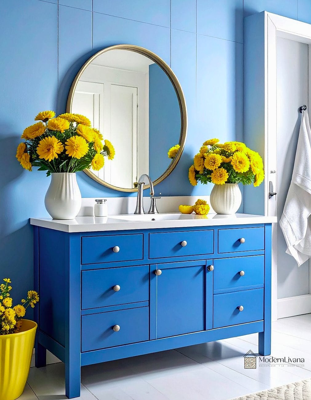 Cornflower Blue Vanity With Marble-Look Countertop