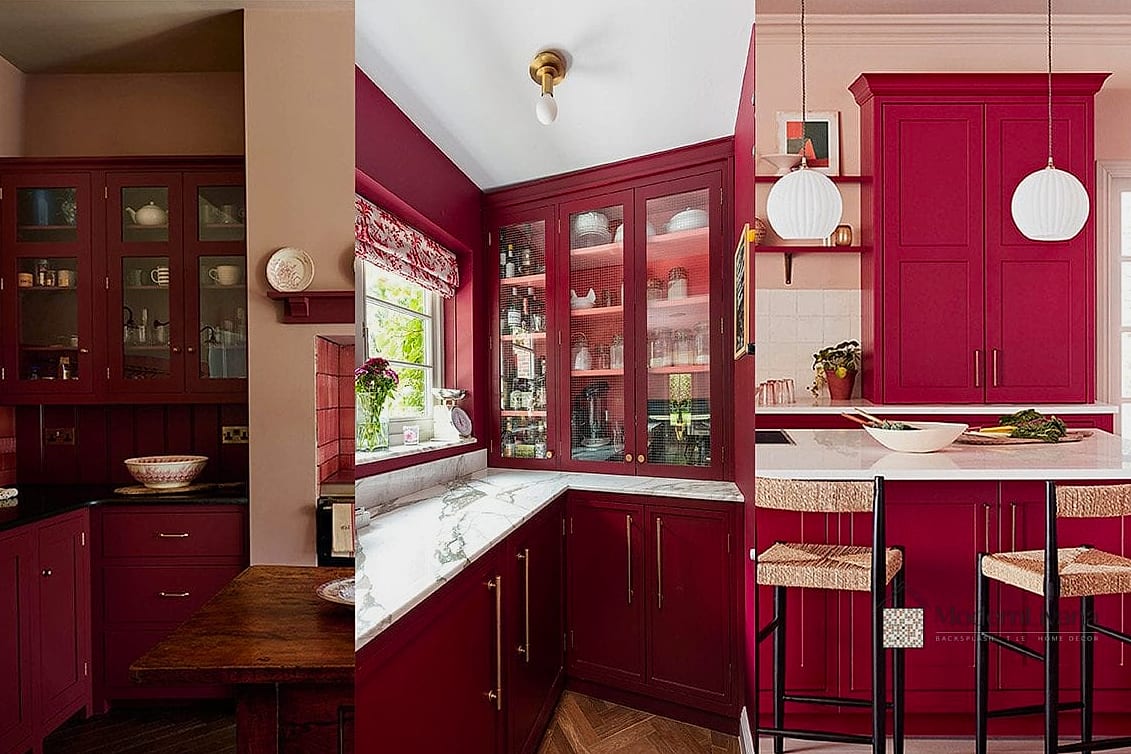 Cranberry Red Kitchen Island with Butcher Block Top