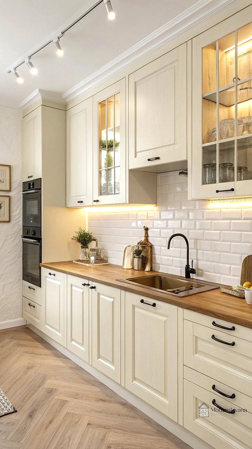 Cream Cabinets with Wood Beam Ceilings