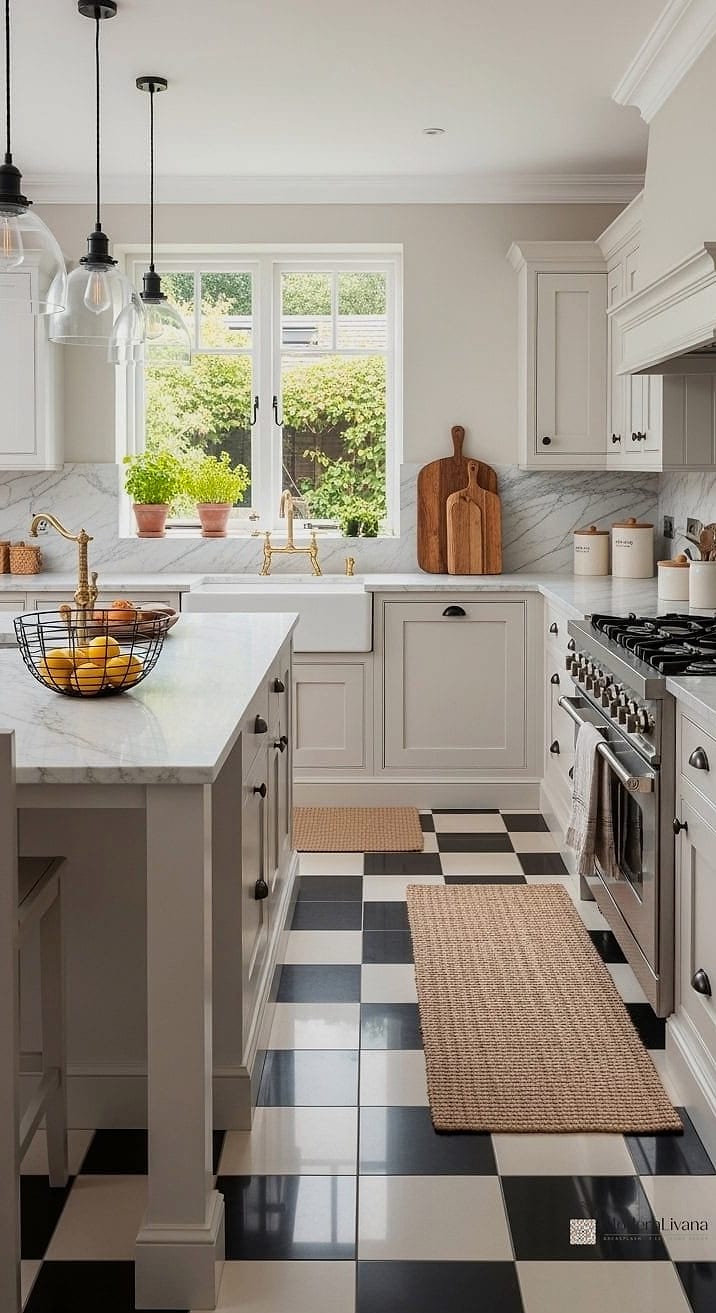 Cream Cabinets with Checkerboard Flooring