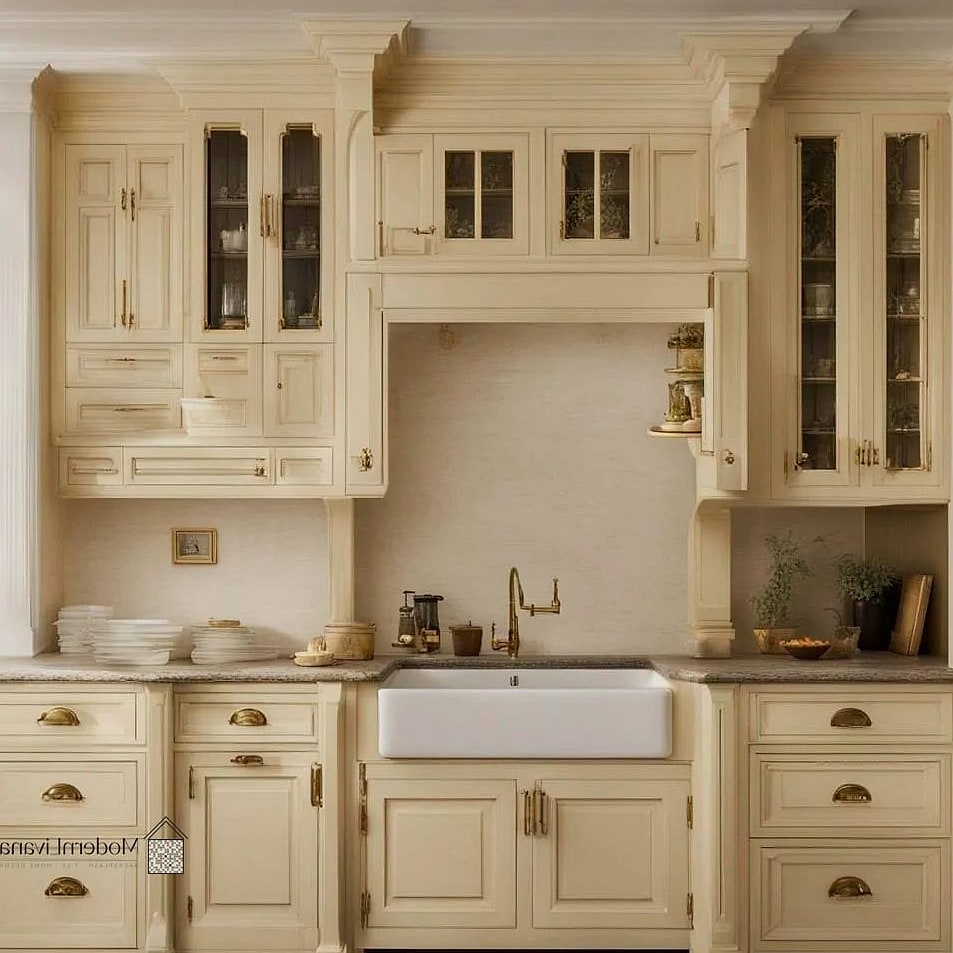 Cream Cabinets with Antique Brass Faucet