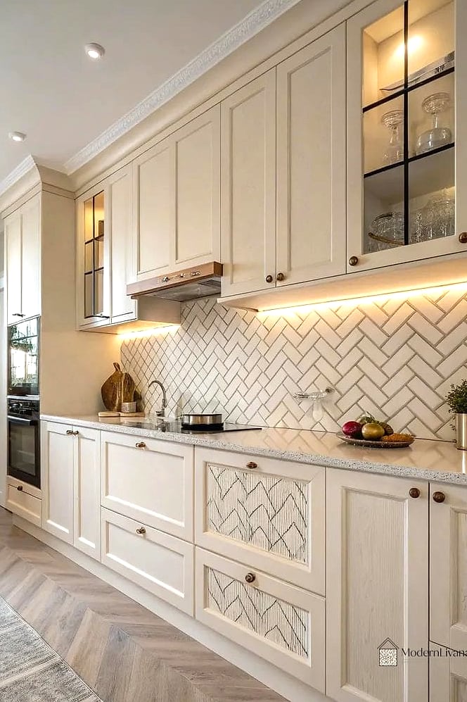 Cream Cabinets with Herringbone Backsplash