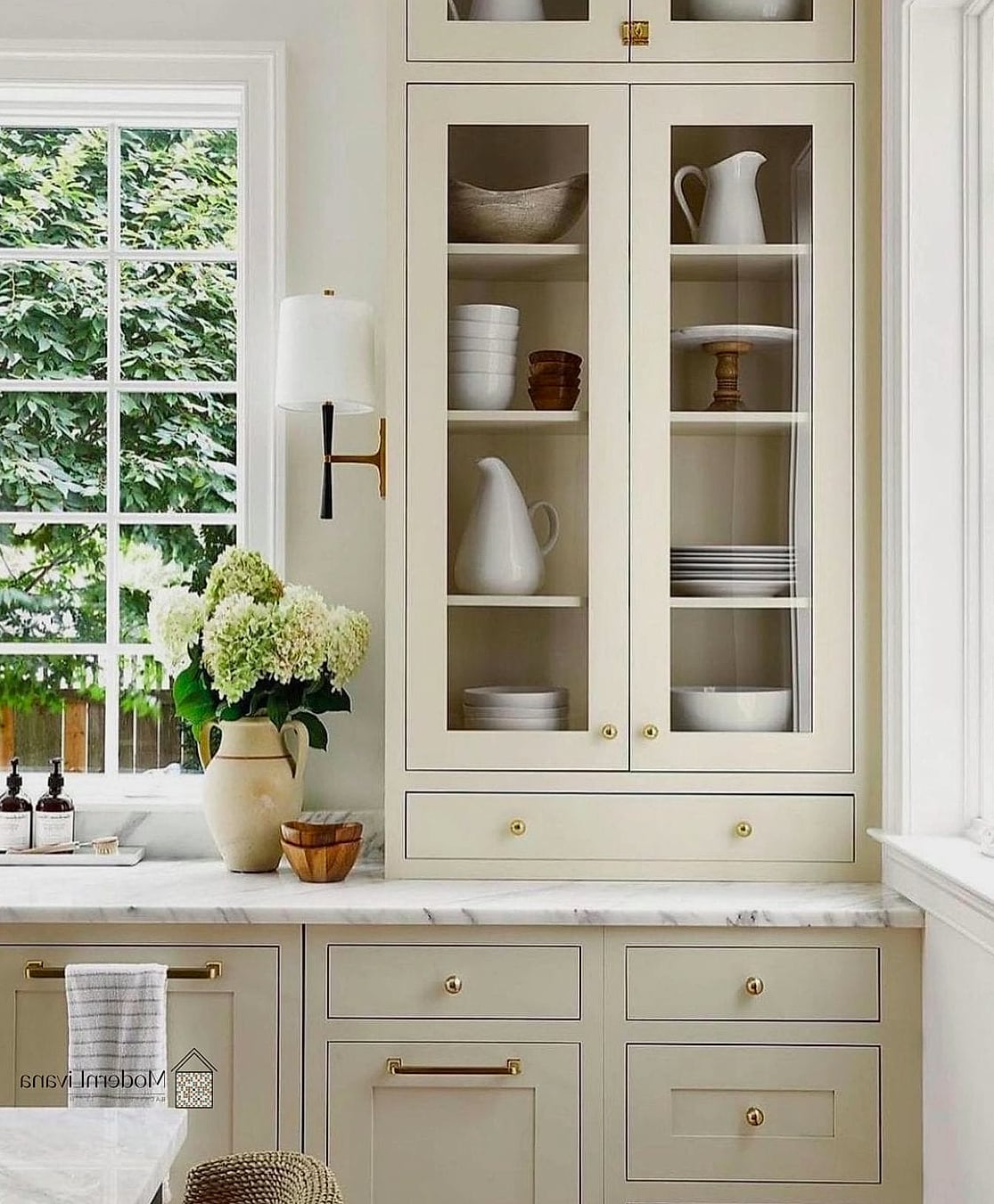 Cream Cabinets with Glass-Front Doors
