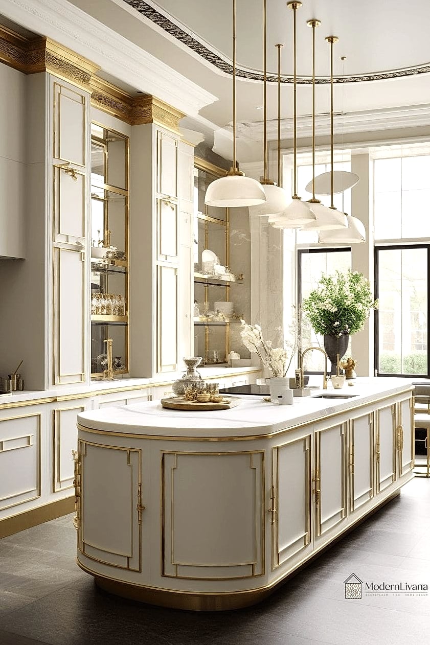 Cream Cabinets with Brass and Glass Pendant Lighting