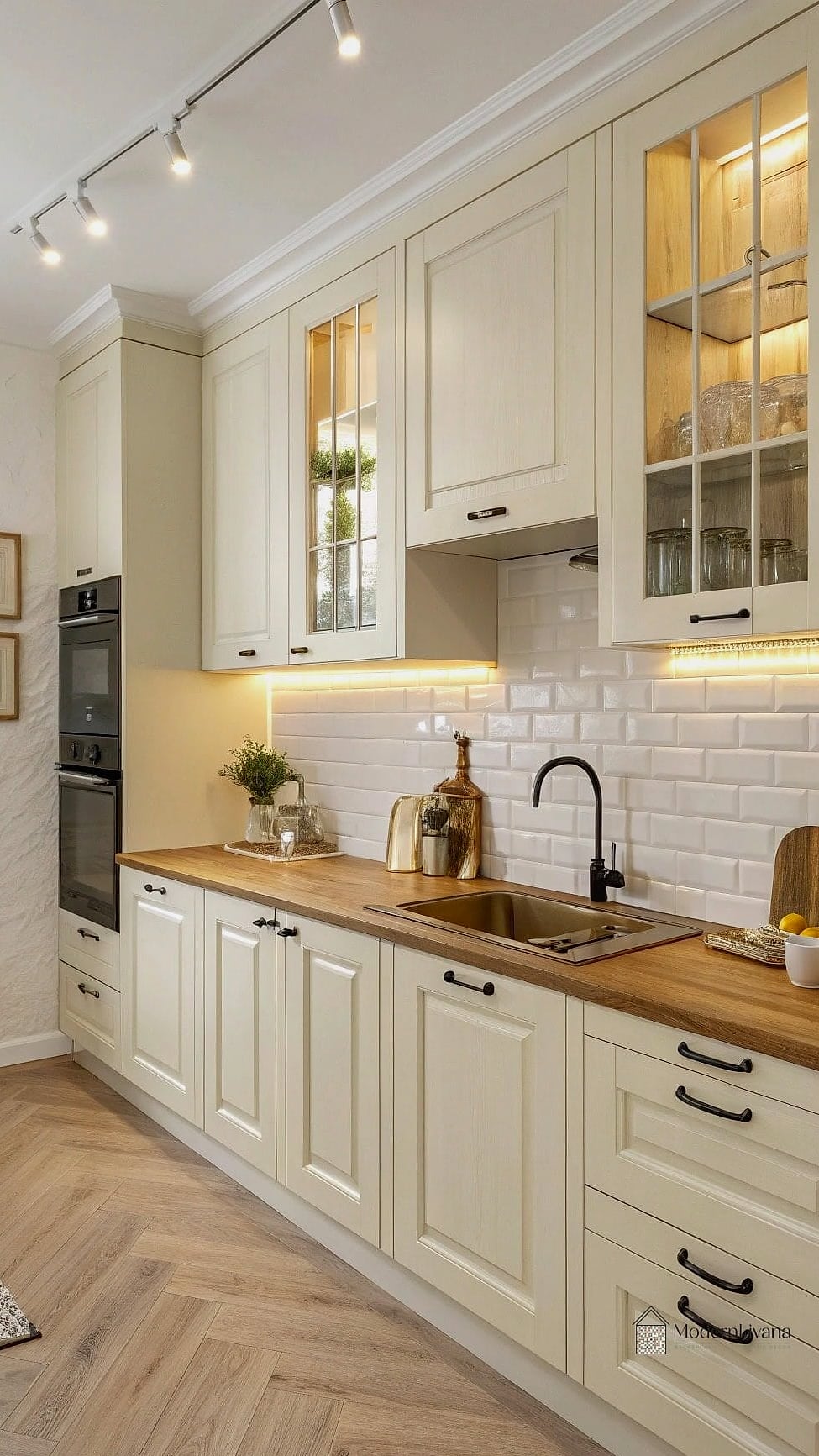 Cream Cabinets with a Wood Hood Vent