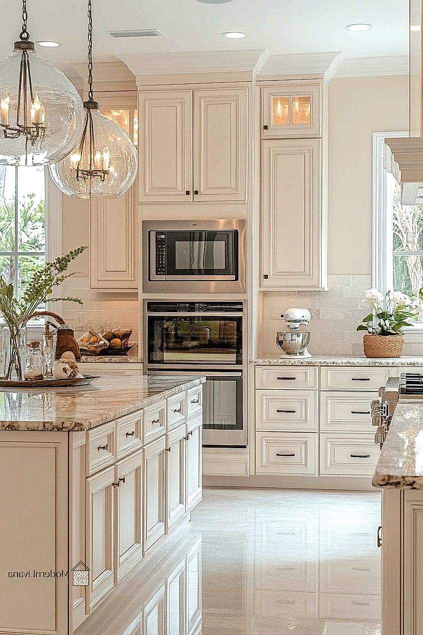 Cream Cabinets with a Statement Backsplash Behind the Stove