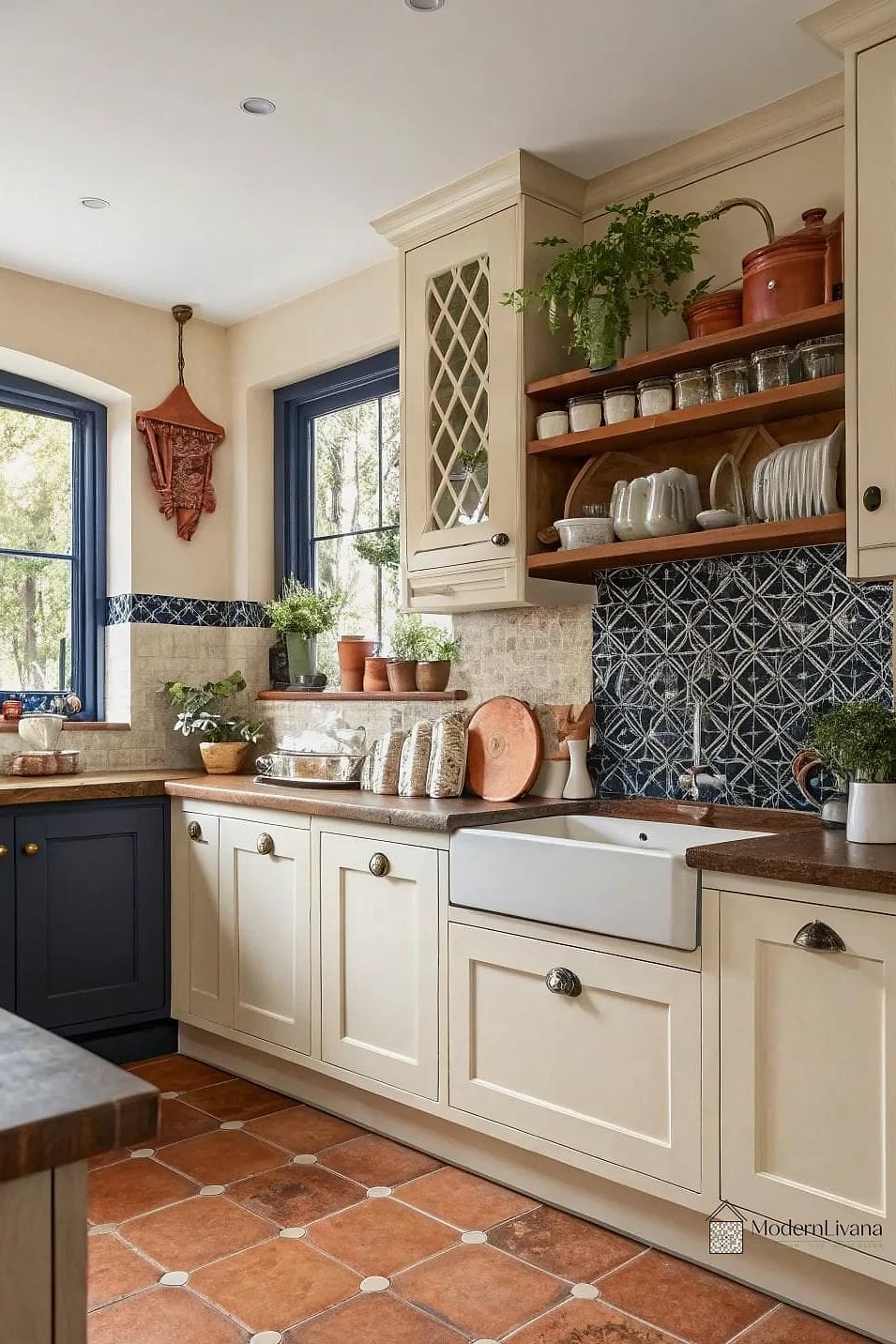 Cream Kitchen with a Bold Tile Floor