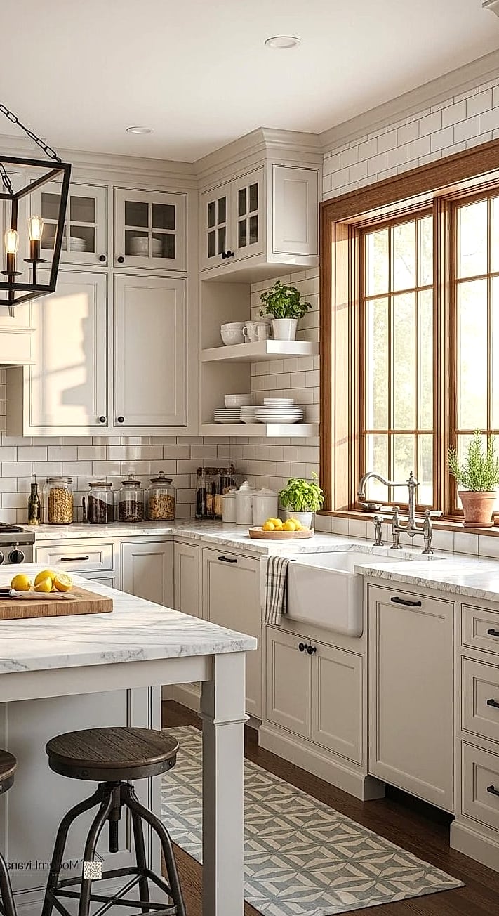 Cream Shaker Cabinets with Brass Pulls