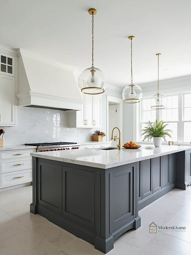 Dark Gray Island with White Perimeter Cabinets