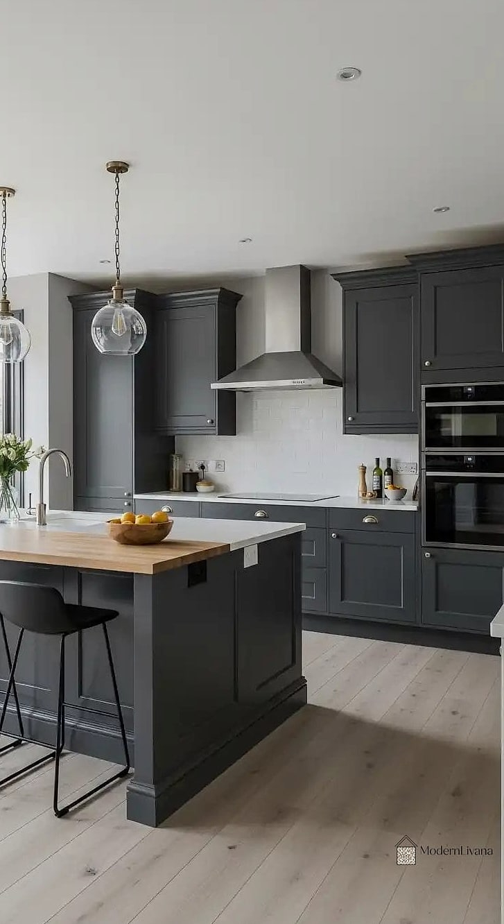 Dark Gray Cabinets with Open Shelving Mixed In