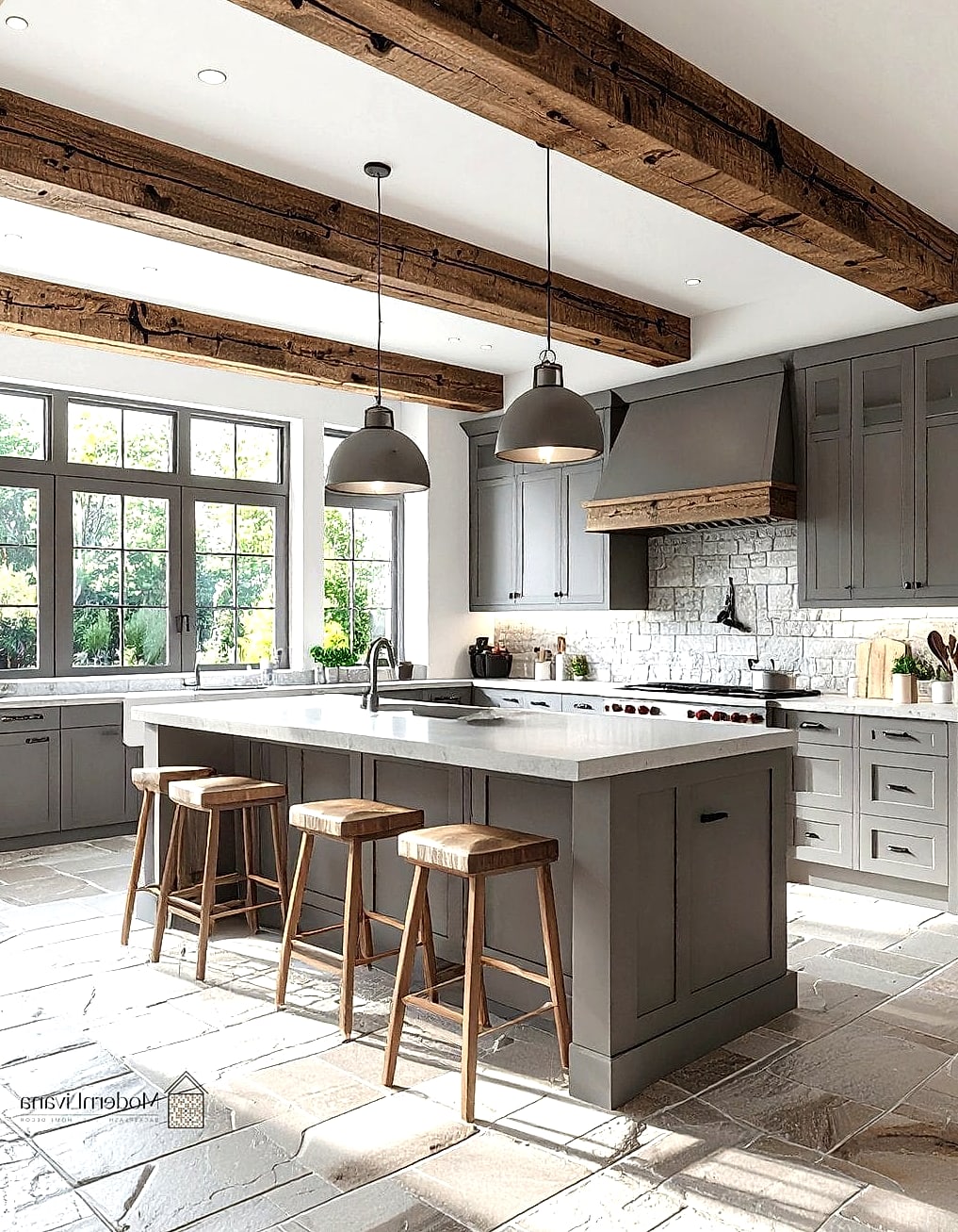 Dark Gray Kitchen with Natural Wood Beams