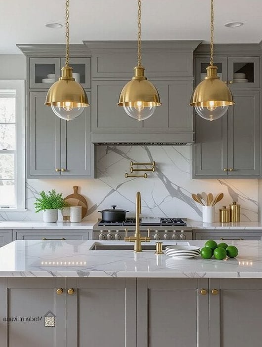 Dark Gray Kitchen with Brass Pendant Lighting