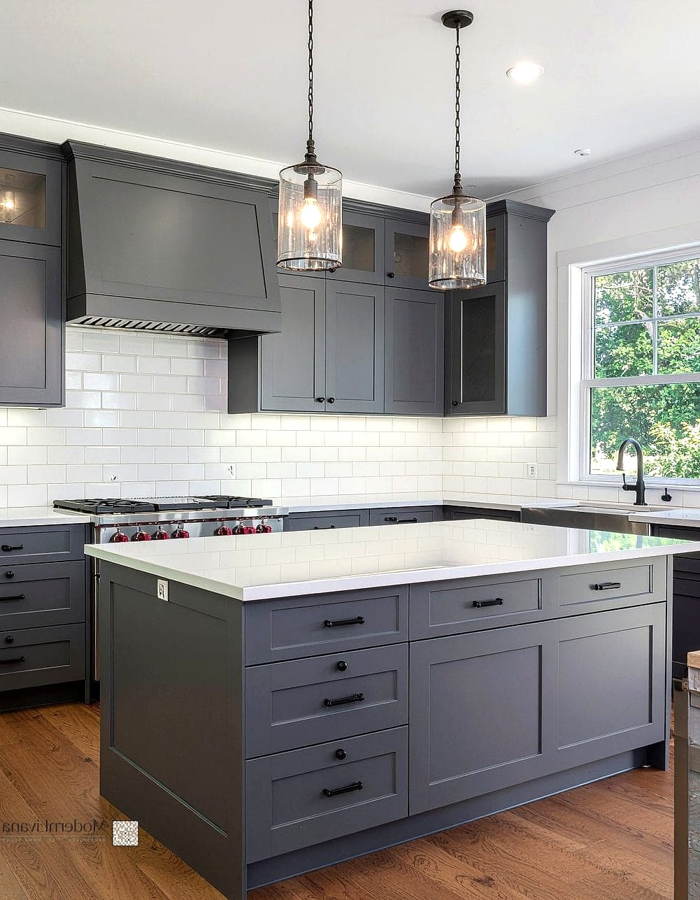 Dark Gray Cabinets with Textured Tile Backsplash