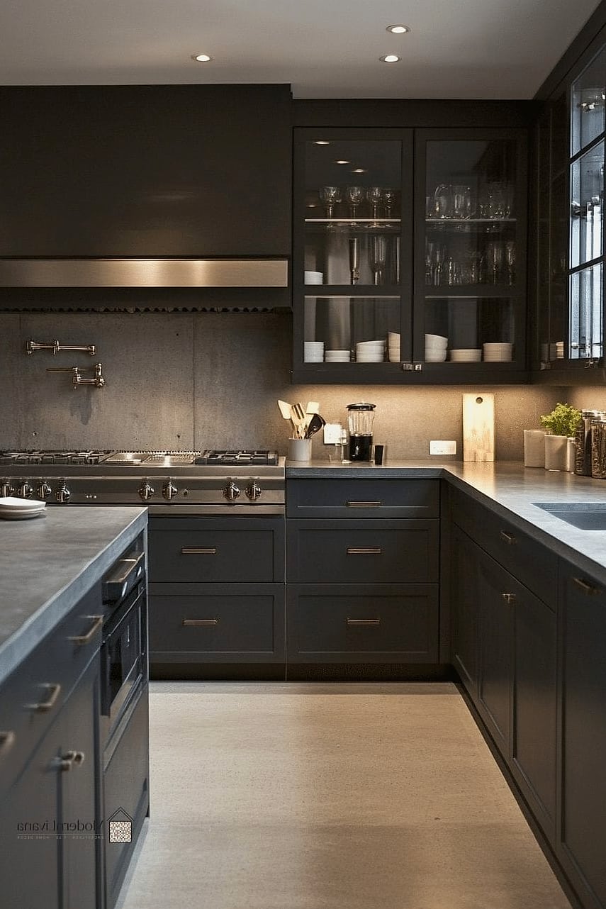 Dark Gray Cabinets with Glass-Front Doors