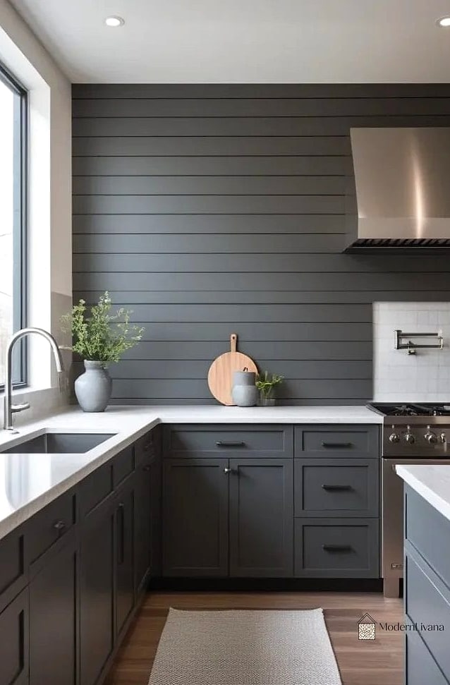 Dark Gray Kitchen with Vertical Shiplap