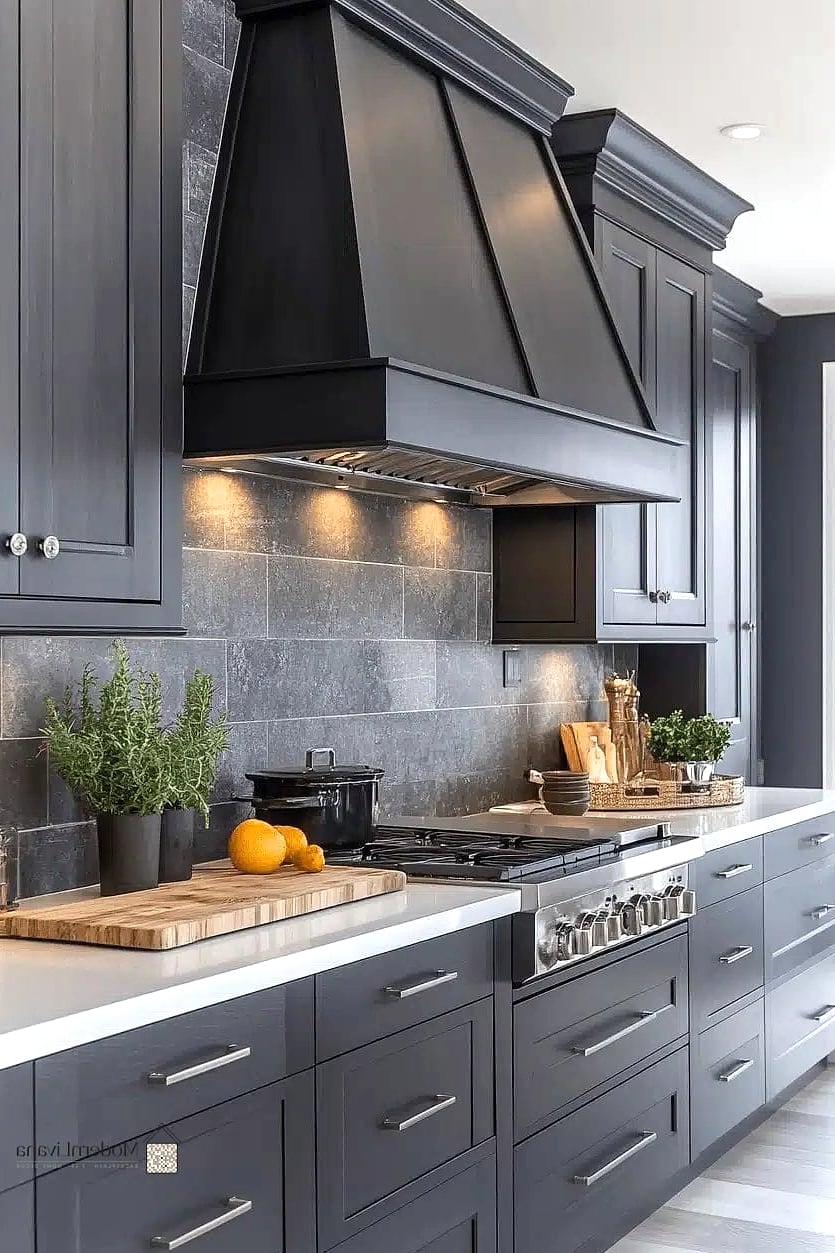 Dark Gray Cabinets with Under-Cabinet Lighting