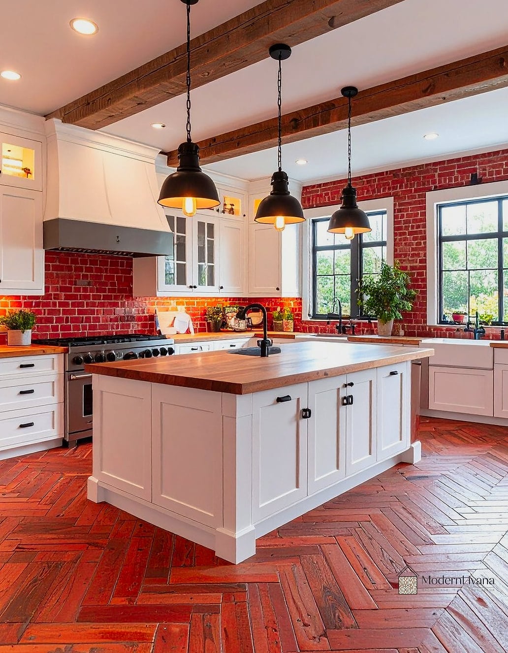 Dark Red Herringbone Backsplash
