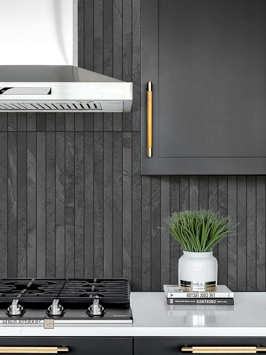 Dark Textured Tile with Warm Wood Shelving