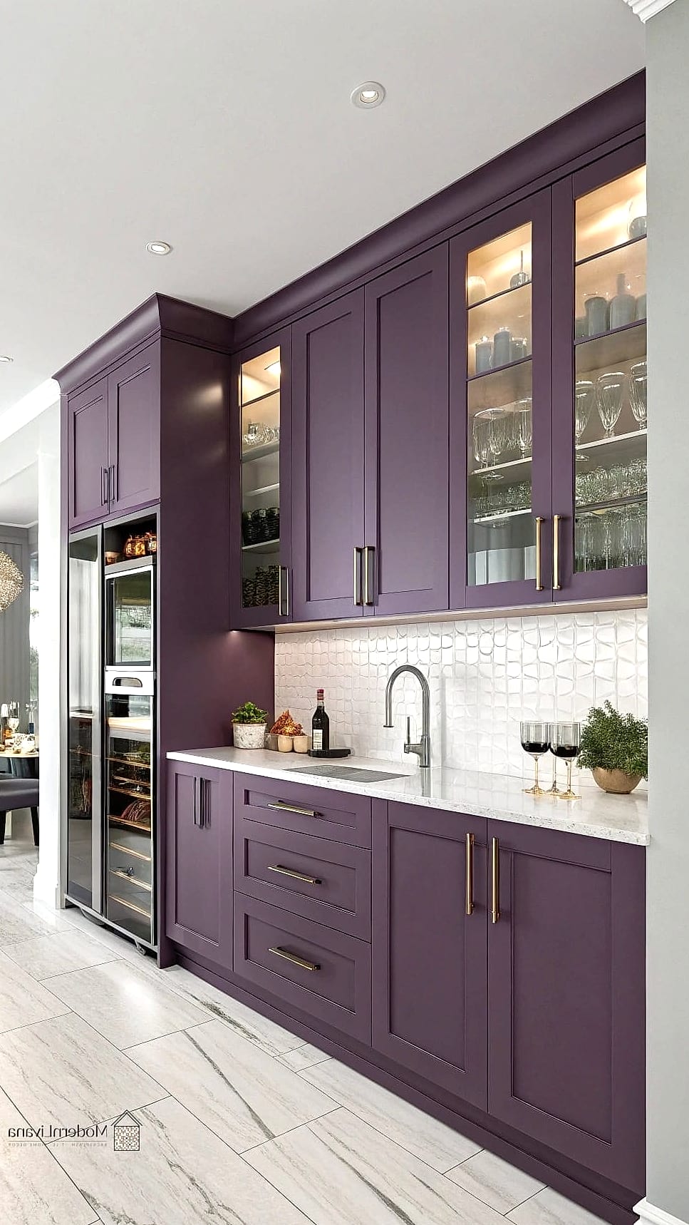 29 Purple Kitchen Ideas That Are Stylish and Practical 2 Deep Eggplant Cabinets with Brass Hardware