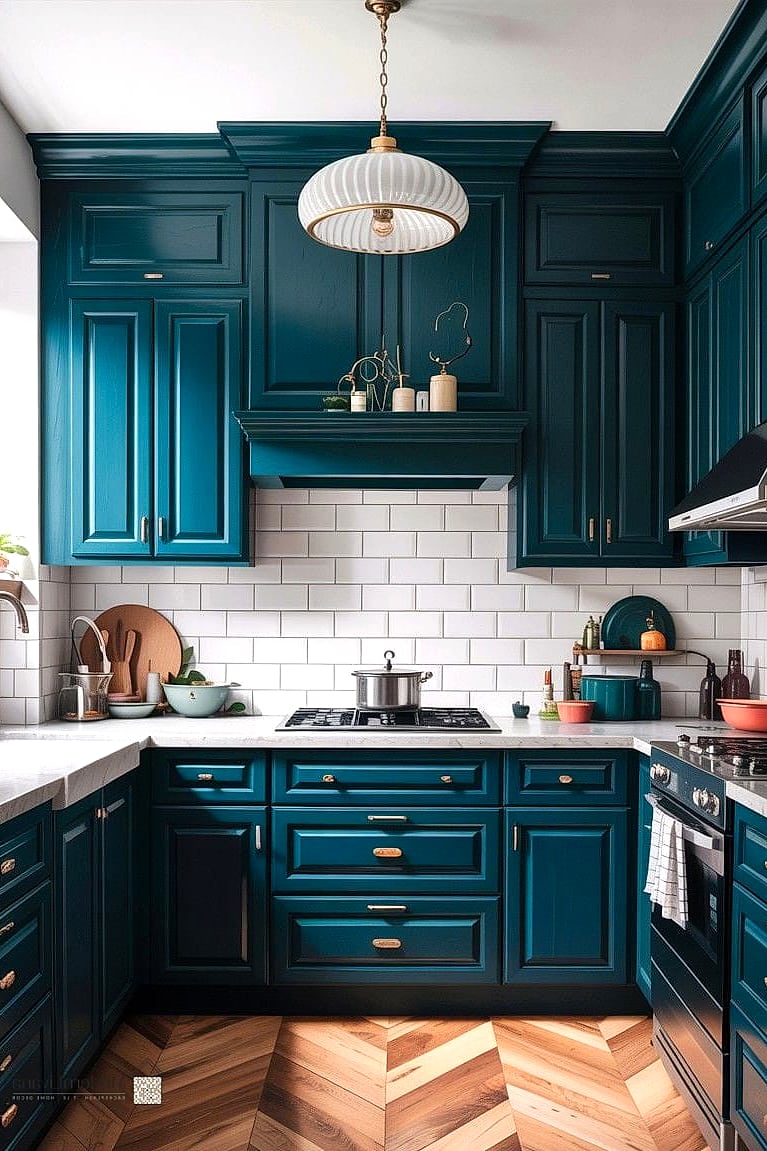 Deep Teal Cabinetry with Gold Accents