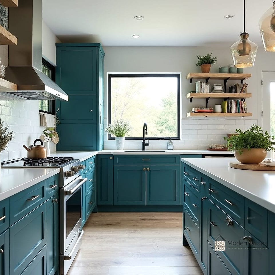 Deep Teal Cabinetry with Warm Wood Accents