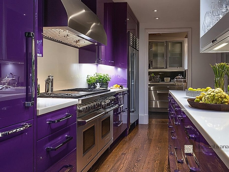 29 Purple Kitchen Ideas That Are Stylish and Practical 26 Deep Violet Kitchen with Brass and Marble