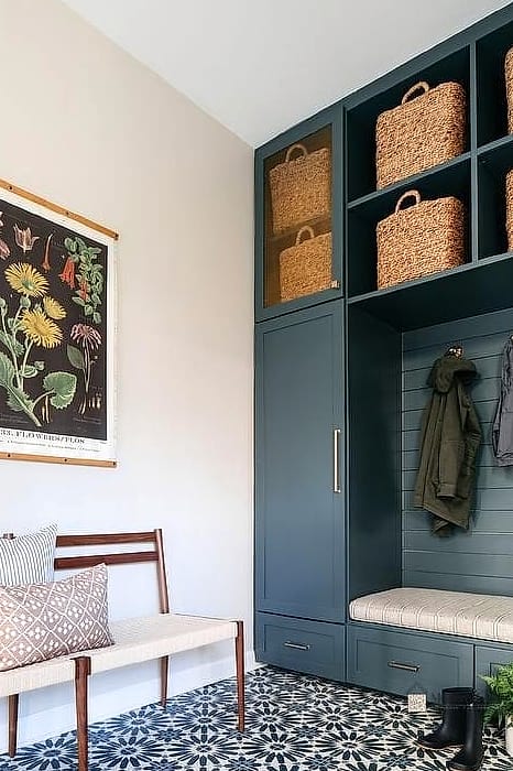 23 Blue Mosaic Tile Ideas From Homes We Absolutely Love 9 Denim Blue Mudroom Bench Backsplash