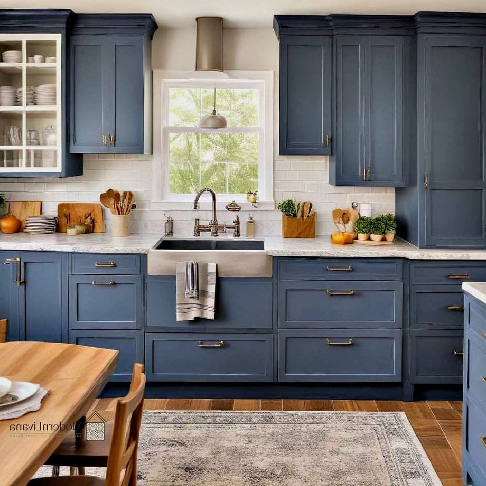 23 Blue and White Kitchen Ideas to Show Your Contractor 16 Denim Blue Cabinets with Butcher Block Counters