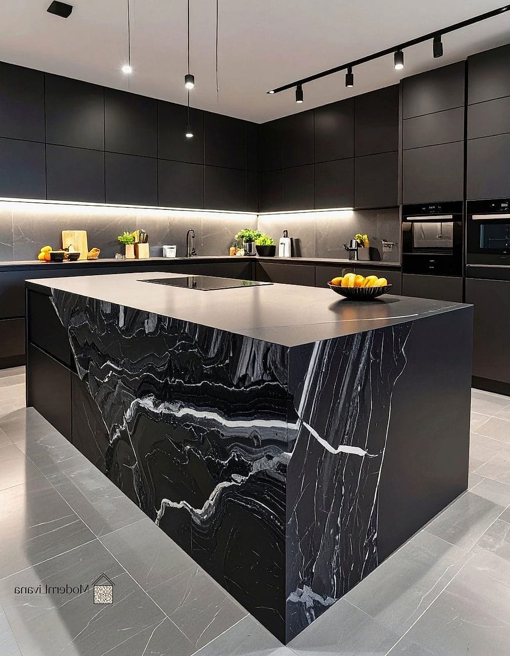 Dramatic Black Marble Waterfall Edge