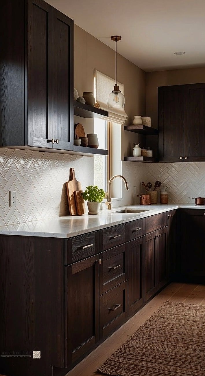 26 Espresso Kitchen Ideas You Haven't Seen Before 7 Espresso Cabinets with a Herringbone Tile Floor