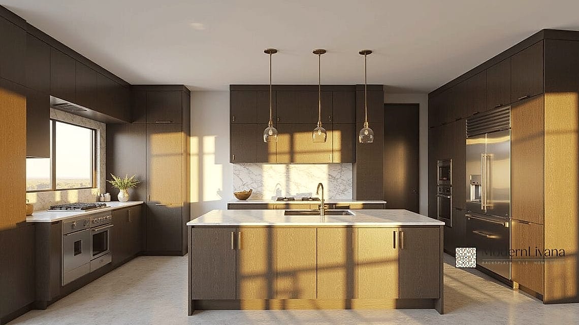 26 Espresso Kitchen Ideas You Haven't Seen Before 15 Espresso Cabinets with a Woven Pendant Light