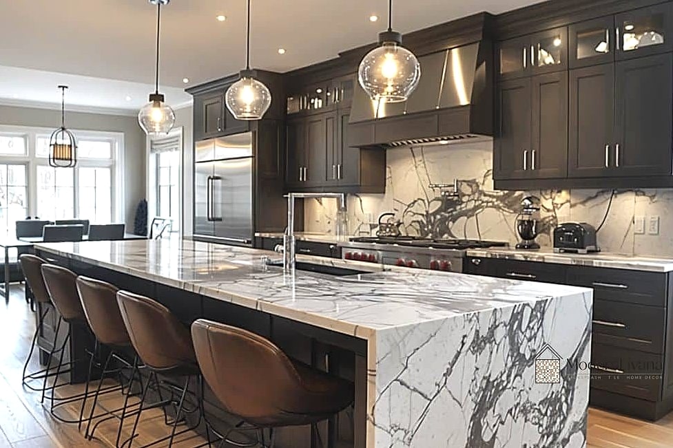 26 Espresso Kitchen Ideas You Haven't Seen Before 17 Espresso Cabinets with a Marble-Look Porcelain Backsplash