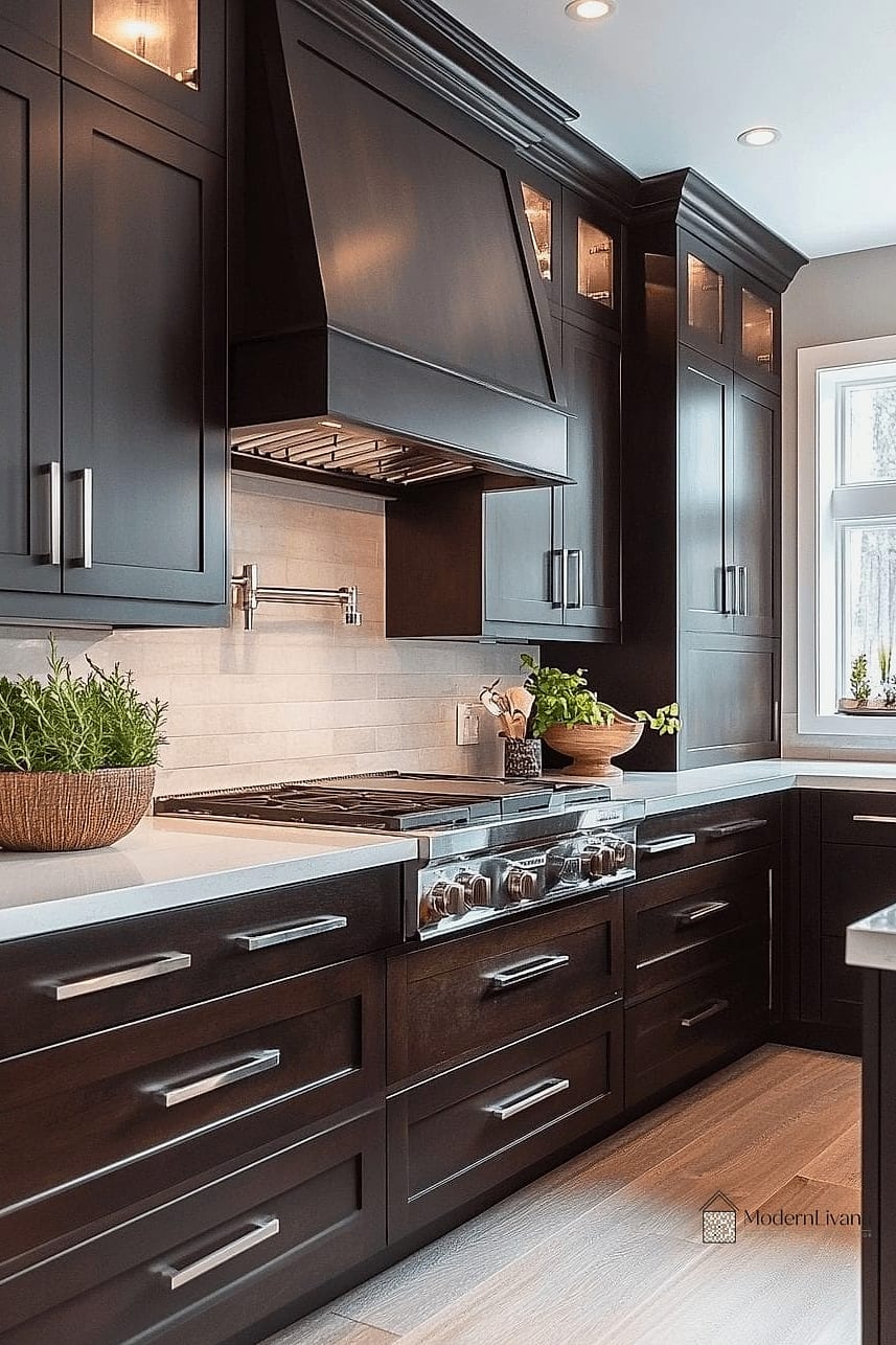 26 Espresso Kitchen Ideas You Haven't Seen Before 22 Espresso Cabinets with Exposed Wood Beams