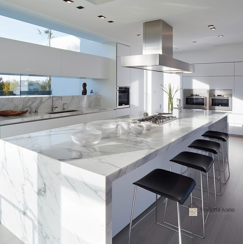 25 Flat Panel Kitchen Ideas That Will Transform Your Space 14 Flat Panel Cabinets with Marble Backsplash