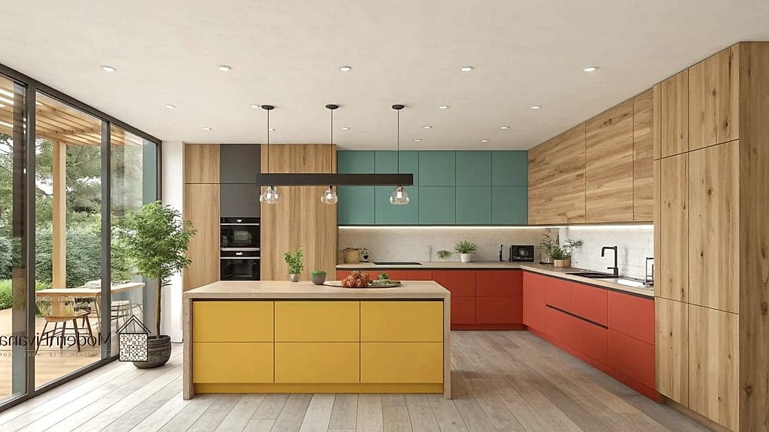 25 Flat Panel Kitchen Ideas That Will Transform Your Space 26 Flat Panel Cabinets with a Bold Backsplash Pattern