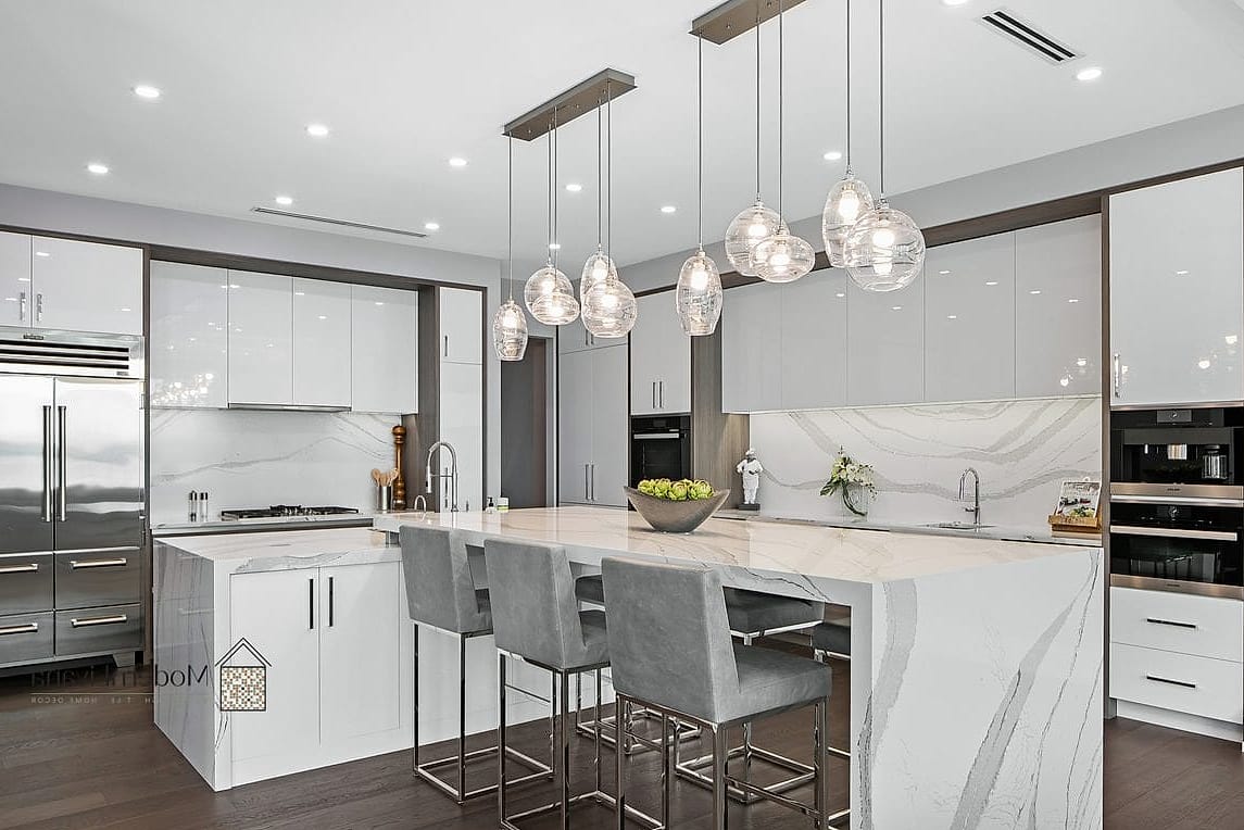 23 White Modern Kitchen Ideas Worth Bookmarking Before You Renovate 2 Flat-Panel White Cabinets with Brushed Brass Hardware